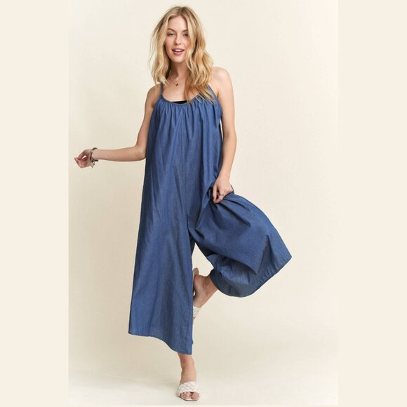 NWT Adora LA Wide Leg Chambray Cami Jumpsuit – Denim Blue – Made in USA - Picture 1 of 7